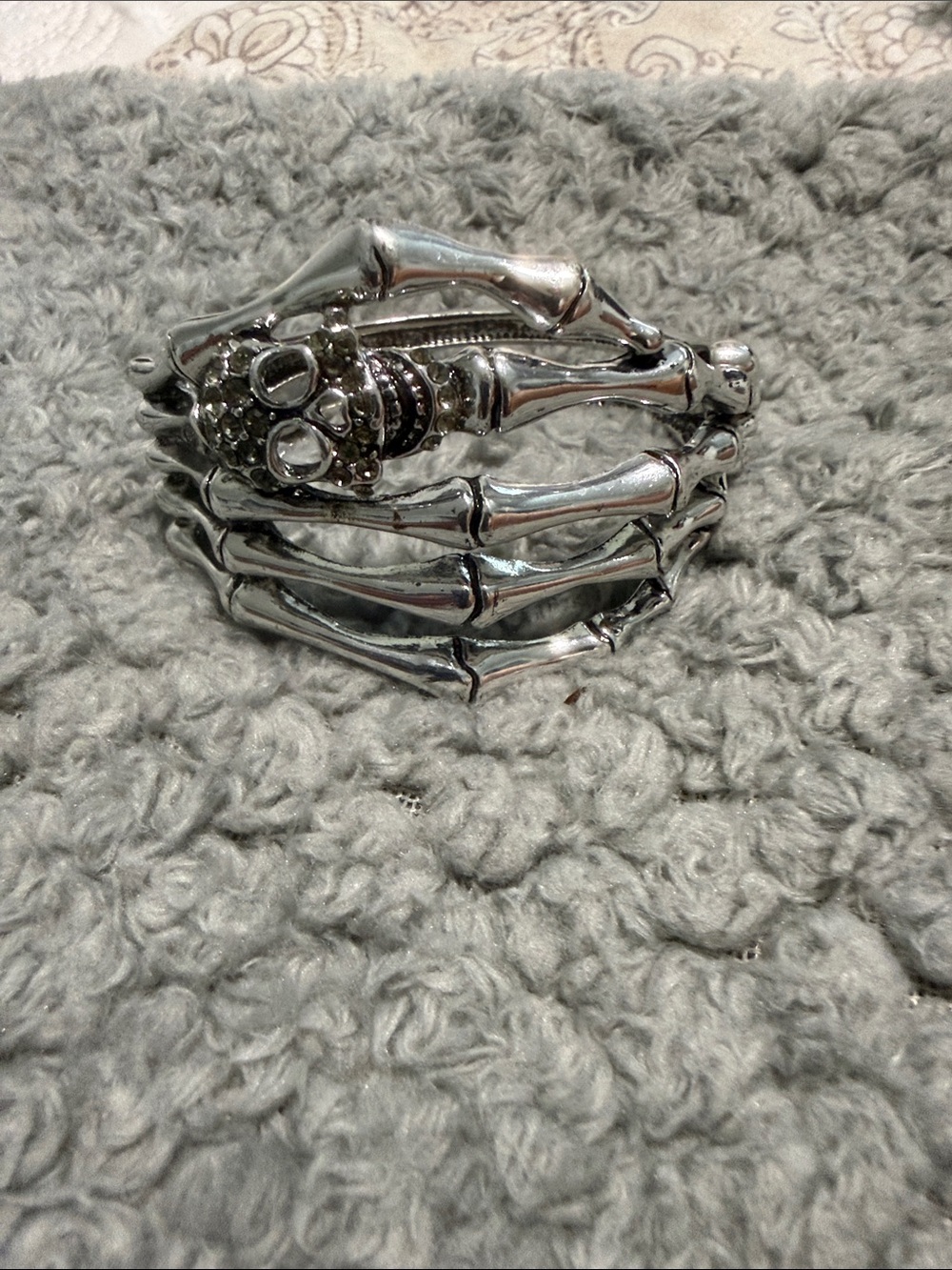 Skeleton Hand Silver Stretch Bracelet with Rhinestone Skull Accent